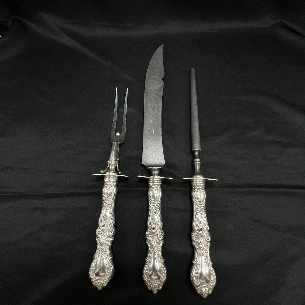 VTG 1835 R Wallace Silver Plate 3 Pcs Carving Set Knife Fork Steel Ornate Floral